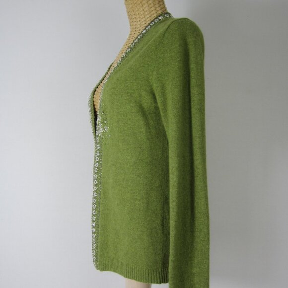 J Crew Women S Olive Green Angora Merino Wool Cashmere Beaded Pearls LS Cardigan - Picture 7 of 9